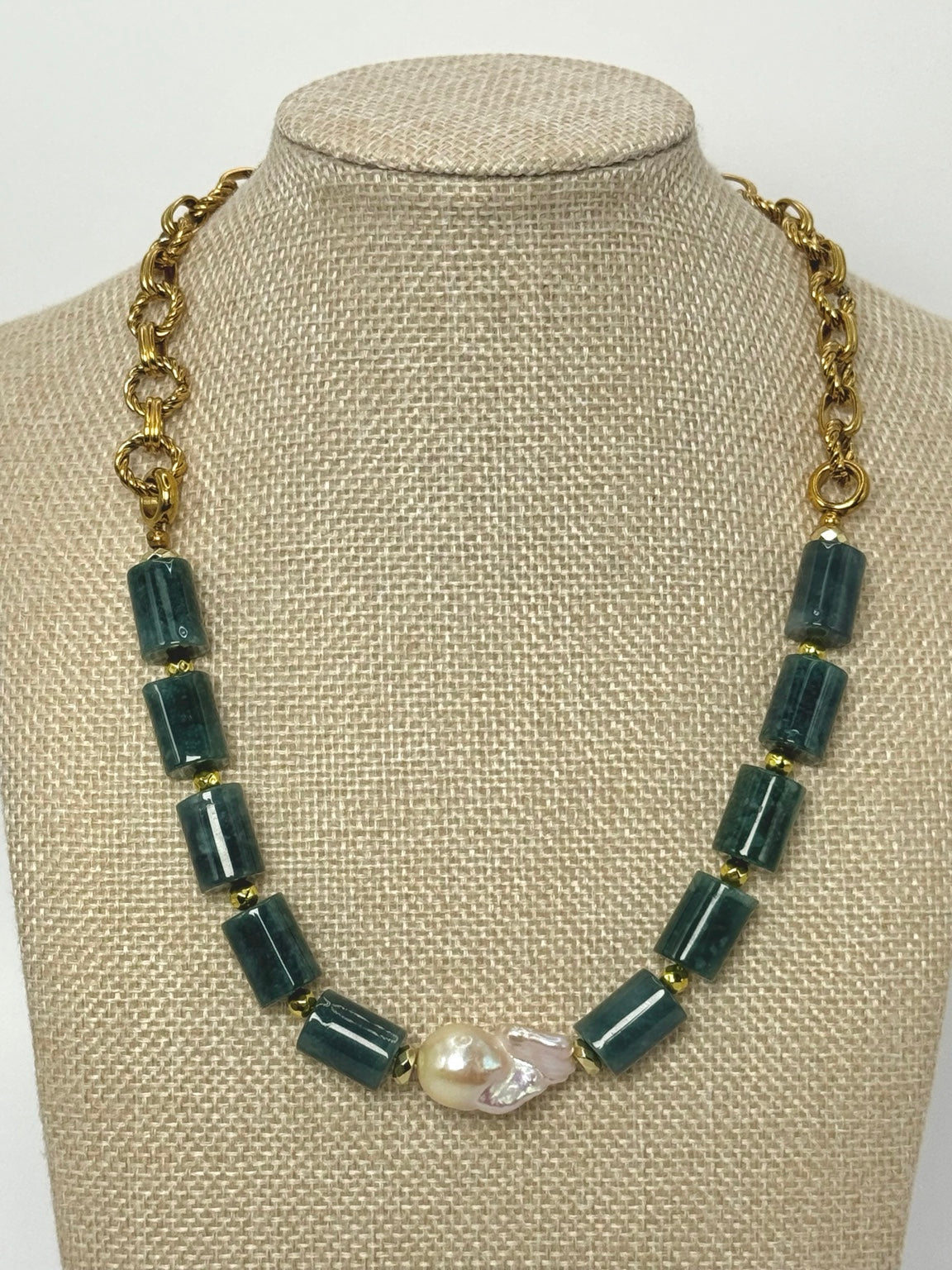 The Adah | Guatemalan Jade & Baroque Pearl Necklace, linen bust view