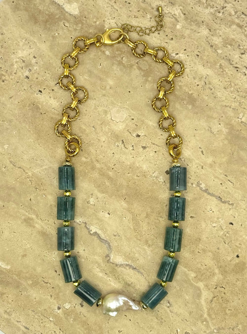 The Adah | Guatemalan Jade & Baroque Pearl Necklace, flat lay view