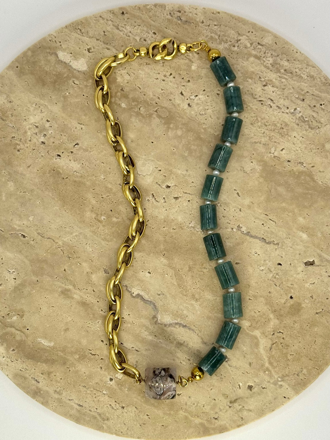 The El Roi | Guatemalan Jade & Sakura Druzy Necklace, flat lay view