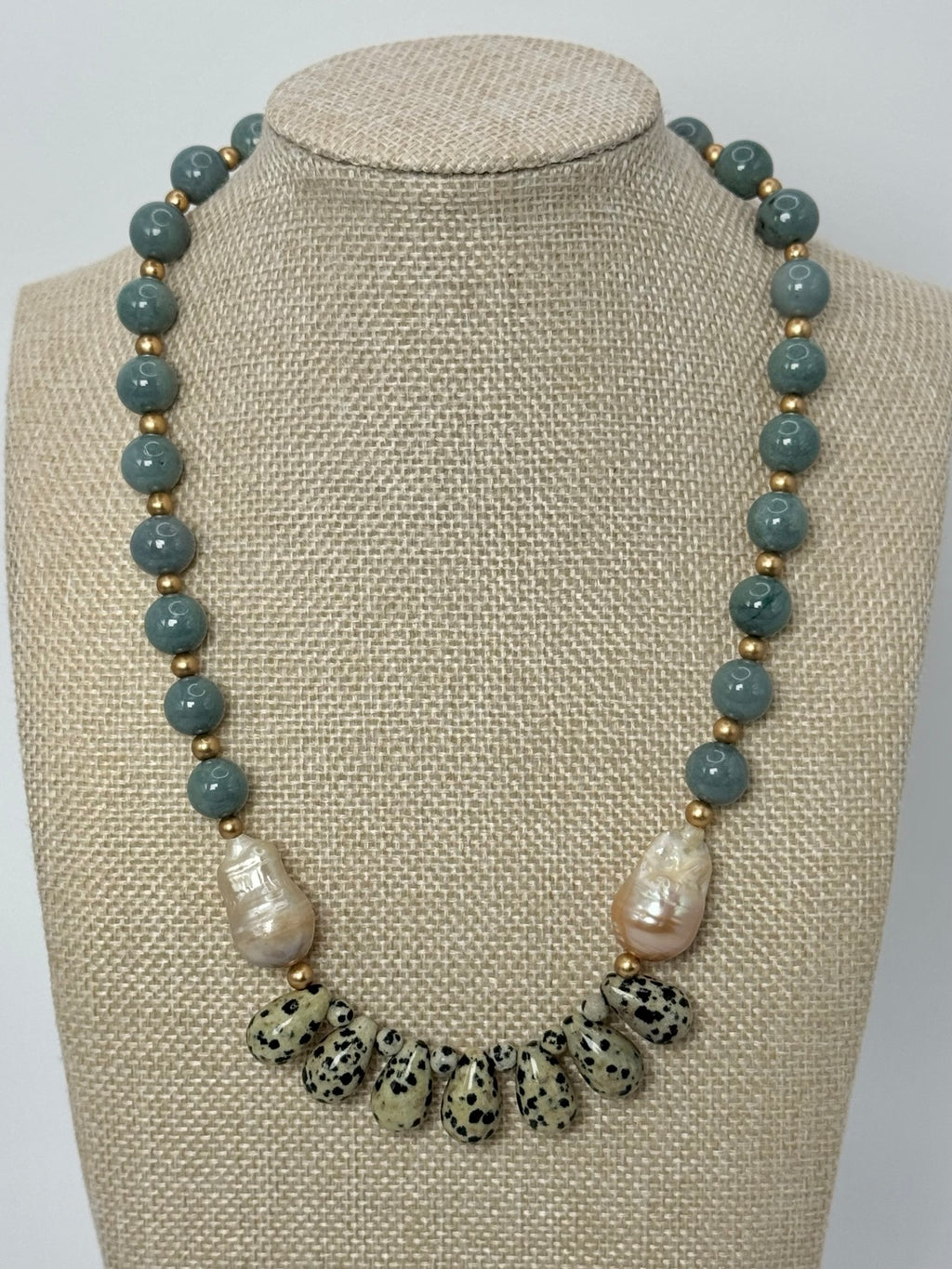 The Havilah | Guatemalan Jade & Dalmatian Jasper Necklace, linen bust view