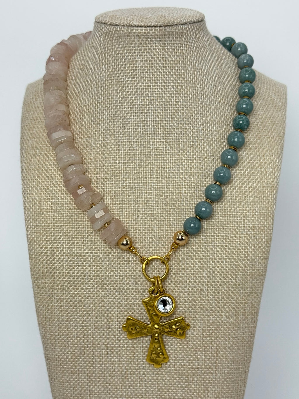 The Moriah | Rose Quartz, Guatemalan Jade & Cross Necklace, linen bust view