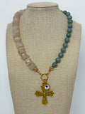 The Moriah | Rose Quartz, Guatemalan Jade & Cross Necklace, linen bust view