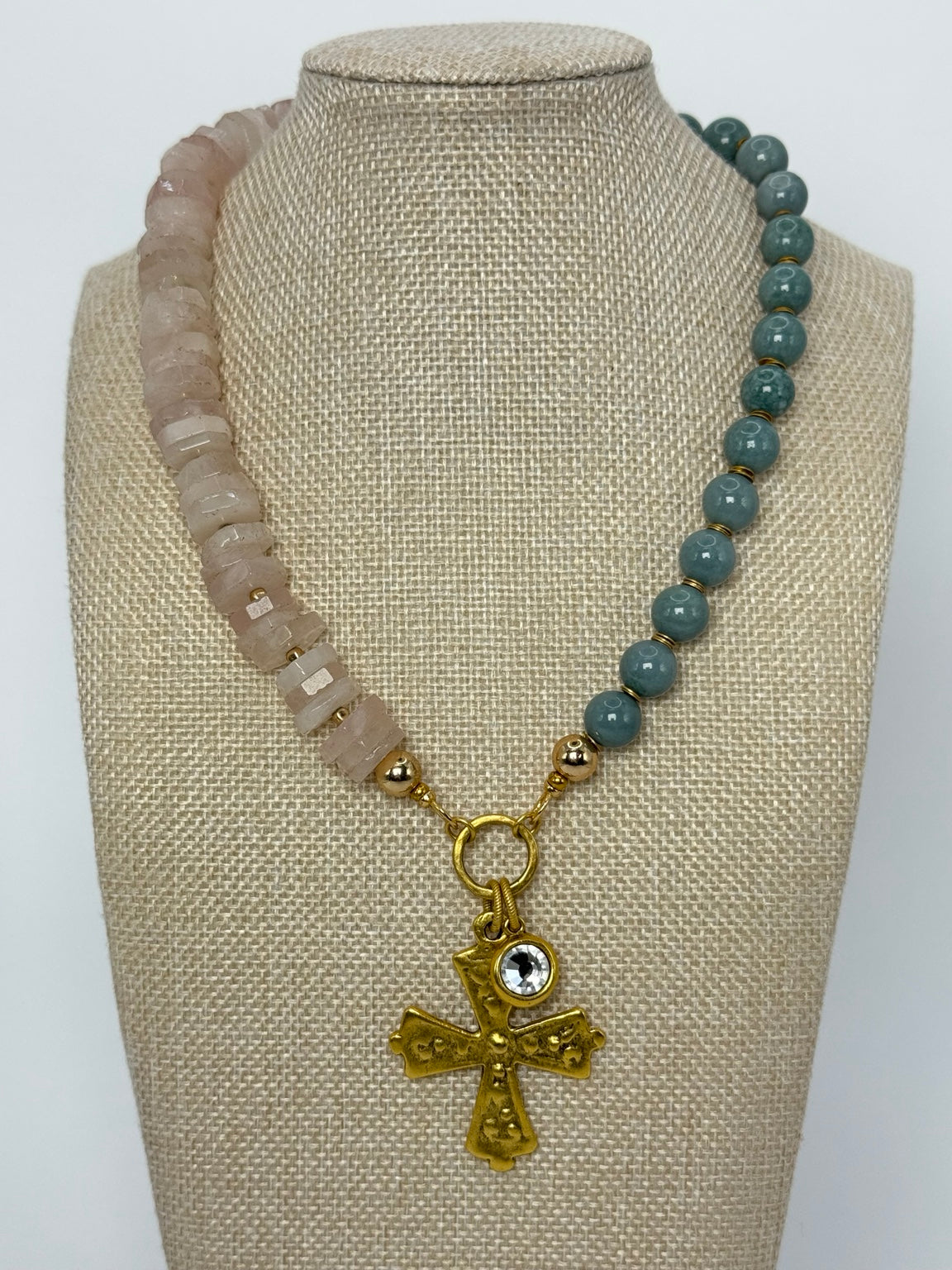 The Moriah | Rose Quartz, Guatemalan Jade & Cross Necklace, linen bust view
