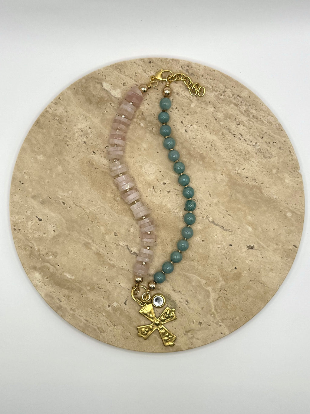 The Moriah | Rose Quartz, Guatemalan Jade & Cross Necklace, flat lay view