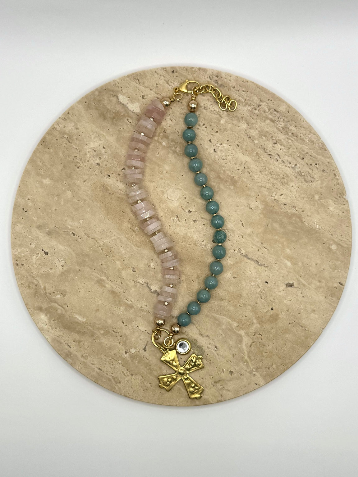 The Moriah | Rose Quartz, Guatemalan Jade & Cross Necklace, flat lay view